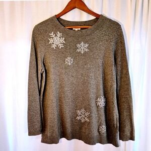 Talbots Womens Petite Large Gray Silver Metallic Snowflake Crewneck Sweater LP